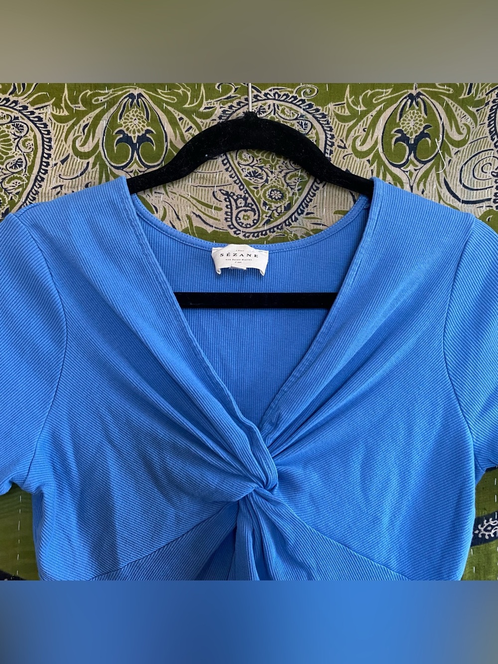 Sezane Bleuet Maia Ribbed Twist Front Top Size Large Quiet Luxury Best Seller - Picture 3 of 15